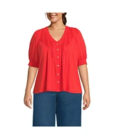 Lands' End Plus Button Pintuck Puff Sleeve Top