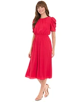 London Times Women's Shirred Jewel-Neck Midi Dress