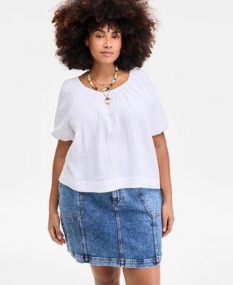 On 34th Plus Cotton Gauze Scoop-Neck Puff-Sleeve Top, Exclusively at Macy's