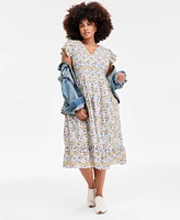 On 34th Plus Printed Flutter-Sleeve Smocked Midi Dress, Exclusively at Macy's