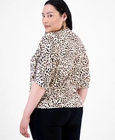 I.n.c. International Concepts Plus Printed Ruched-Shoulder Top, Exclusively at Macy's