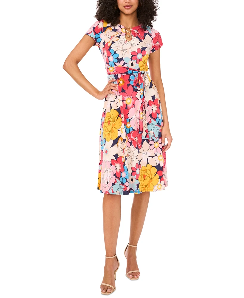 Msk Petite Printed O-Ring-Trim Short-Sleeve Dress