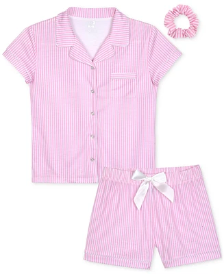 Max & Olivia Big Girls Striped Button-Front Top Shorts Pajamas With Scrunchie, 3 Piece Set