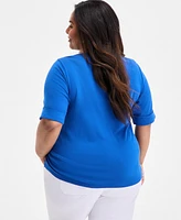 Style & Co Plus Boat-Neck Elbow Sleeve Cotton Top, Exclusively at Macy's