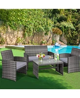 4PCS Patio Rattan Furniture Set Conversation Glass Table Top