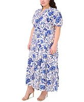 Msk Plus Puff-Sleeve Button-Front Lawn Maxi Dress