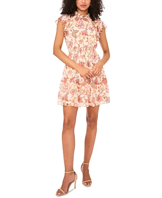 Msk Petite Floral-Print Flutter-Sleeve Smocked-Waist Dress