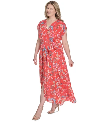 Eliza J Plus Printed V-Neck Faux-Wrap Chiffon Dress