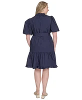 Vince Camuto Plus Cotton Puff-Sleeve Tie-Waist Dress