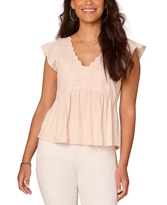 Democracy Women's Cotton Flutter-Sleeve Embroidered Mix Media Top