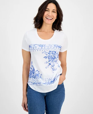 Style & Co Women's Cotton-Blend Paisley Crewneck T-Shirt, Exclusively at Macy's