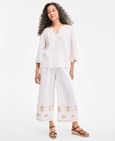 Style & Co Petite Cotton Embroidered Flare-Sleeve Top, Exclusively at Macy's