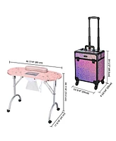 Byootique Manicure Table Nail Desk & Rolling Makeup Train Case Kit Mermaid Pink
