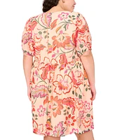 Msk Plus Printed Tie-Neck Short-Sleeve Dress
