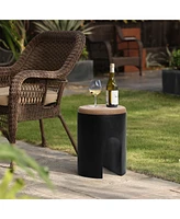 LuxenHome Black with Natural Rattan Finish Cement U-Shaped Base Outdoor Patio Side Table