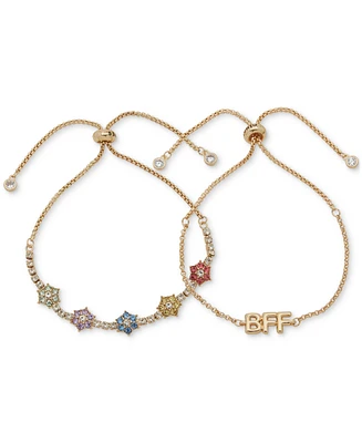 Clueless Gold-Tone 2-Pc. Set Bff & Multicolor Crystal Flower Slider Bracelets