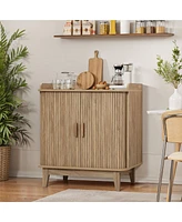 LuxenHome Mid-Century Modern Tambour-Style 2-Door 31.5-Inch Wide Cabinet with Tray Top, Oak