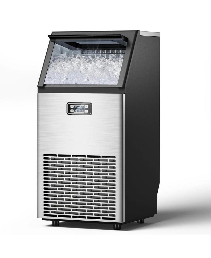 Zafro Commercial ice maker produces 100 lbs of ice per day, with a 33 lbs storage capacity. Features 2-way water inlet, self-cleaning function, and a