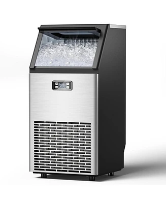 Zafro Commercial ice maker produces 100 lbs of ice per day, with a 33 lbs storage capacity. Features 2-way water inlet, self-cleaning function, and a