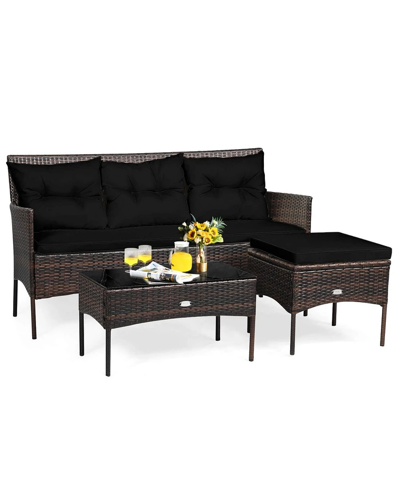 Gymax Set of 3 3-Seat Sofa Cushioned Table Rattan Furniture Garden Patio