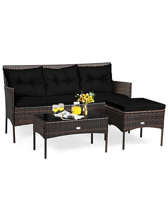 Gymax Set of 3 3-Seat Sofa Cushioned Table Rattan Furniture Garden Patio