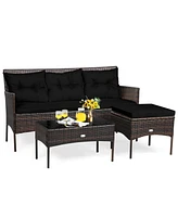 Gymax Set of 3 3-Seat Sofa Cushioned Table Rattan Furniture Garden Patio