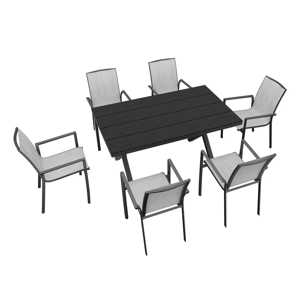 7-Piece Aluminum Frame Outdoor Dining Set with Faux Wood Table Stackable Chairs Patio Furniture Set, Brown