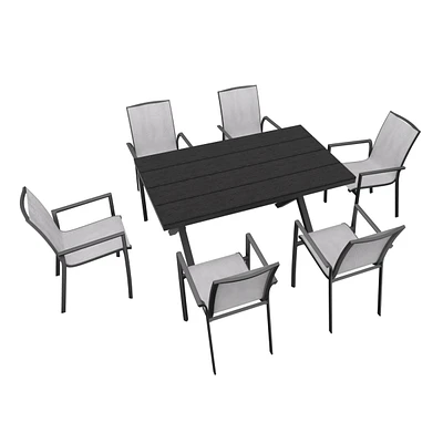 7-Piece Aluminum Frame Outdoor Dining Set with Faux Wood Table Stackable Chairs Patio Furniture Set, Brown