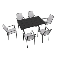 7-Piece Aluminum Frame Outdoor Dining Set with Faux Wood Table Stackable Chairs Patio Furniture Set, Brown