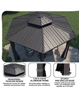 15x15Ft Outdoor Hexagon Hard Top Metal Gazebo Patio Double Roof Canopy Aluminum Frame Gazebo with Nettings