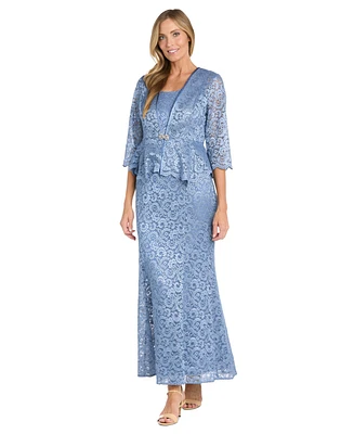 R & M Richards Petite 2-Pc. Metallic-Lace Gown Jacket Set