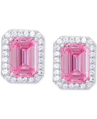 Lab Grown Pink Sapphire (2-1/3 ct. t.w.) & Lab Grown White Sapphire (1/5 ct. t.w.) Square Halo Stud Earrings in Sterling Silver
