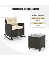 Gymax 3 Piece Outdoor Rocking Set Rattan Rocking Chair Set w/ Tempered Glass Table Seat