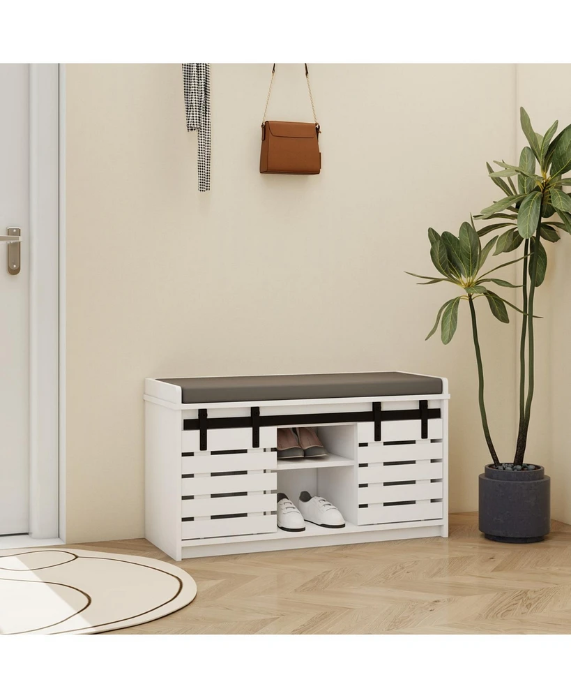 2-Tier Entryway Bench with Sliding Doors and Cushion