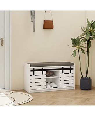 2-Tier Entryway Bench with Sliding Doors and Cushion