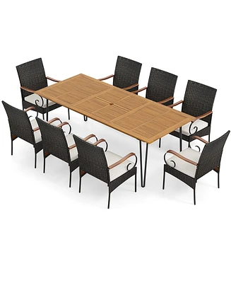 Gymax 9 Pcs Outdoor Patio Dining Set Acacia Wood Square & Table Armchairs Set of 8