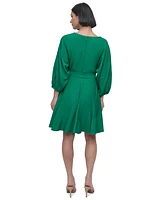 Dkny Petite Faux-Wrap Embroidered-Sleeve Fit & Flare Dress