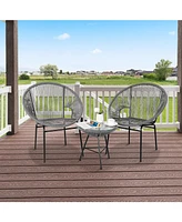 Gymax 3 Pcs Wicker Conversation Bistro Set Acapulco Chair Set with Tempered Glass Table