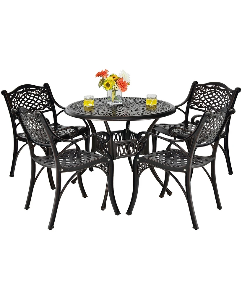 Gymax 5PCS Cast Aluminum Patio Bistro Set Outdoor Dining Table & Chair Furniture Set