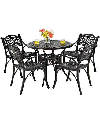 Gymax 5PCS Cast Aluminum Patio Bistro Set Outdoor Dining Table & Chair Furniture Set