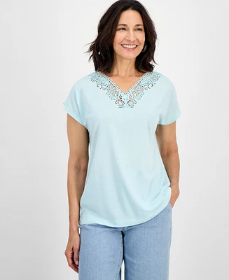 Style & Co Women's Lace-Trim V-Neck Short-Sleeve T-Shirt, Exclusively at Macy's
