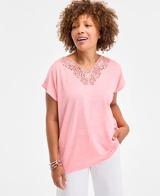 Style & Co Women's Lace-Trim V-Neck Short-Sleeve T-Shirt, Exclusively at Macy's