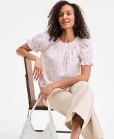 Style & Co Women's Cotton Printed Contrast-Stitch Puff-Sleeve Top, Exclusively at Macy's