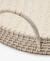 Amara Handmade White Bamboo Serving Tray, Round Boho Basket with Handles