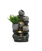LuxenHome 3-Tier Gray Pots on Stacked Rocks 2.5-Feet Tall Outdoor Polyresin Fountain with Lights and Gray Side Planter