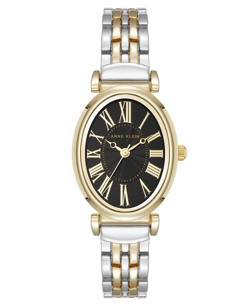 Anne Klein Women's Quartz Oval Roman Numeral Two-Tone Metal Alloy and Black Dial Watch, 25mm