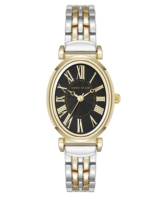 Anne Klein Women's Quartz Oval Roman Numeral Two-Tone Metal Alloy and Black Dial Watch, 25mm