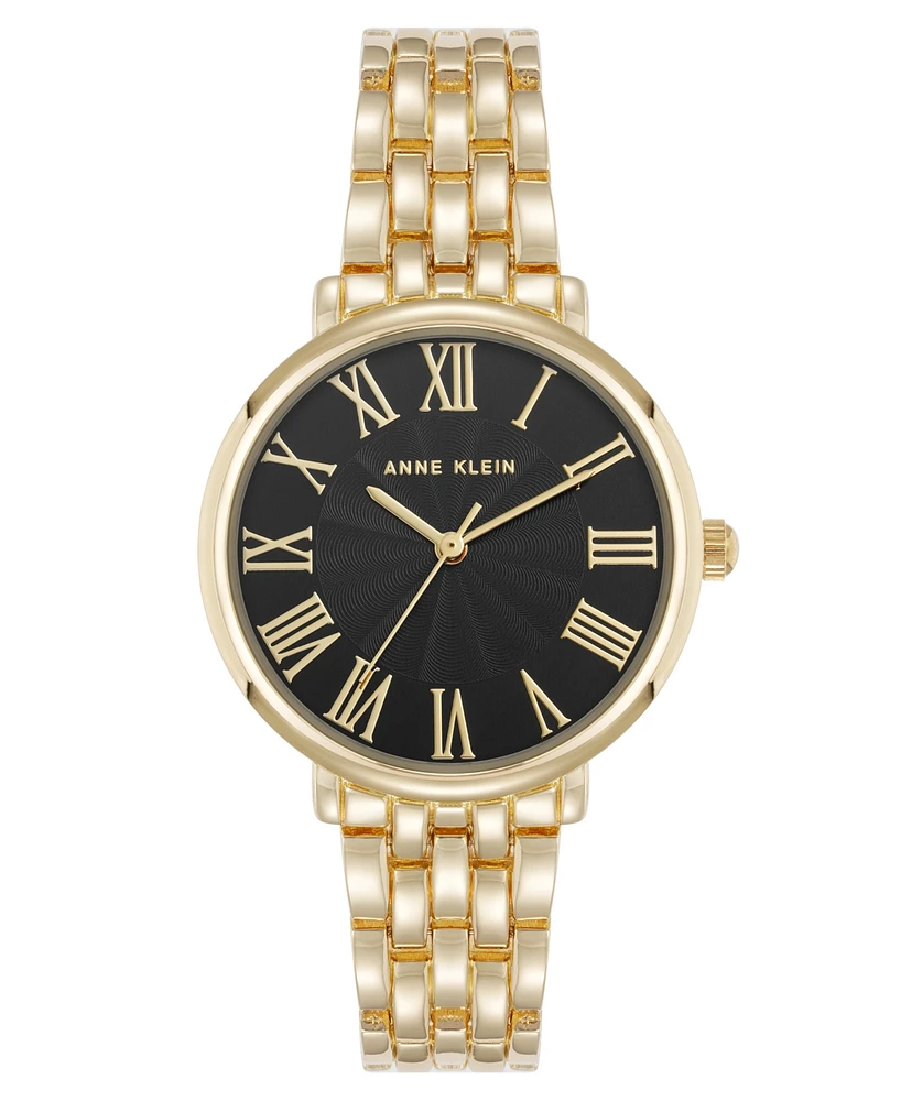 Anne Klein Women's Quartz Round Roman Numeral Gold-Tone Metal Alloy and Black Dial Watch, 32mm