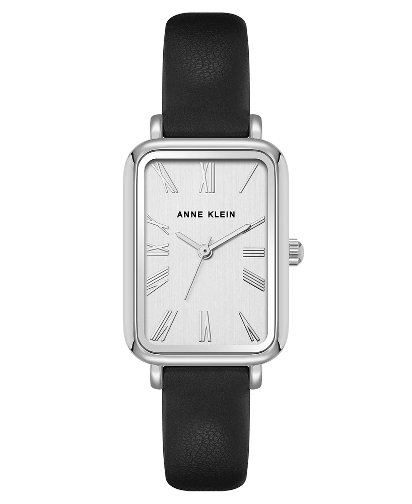 Anne Klein Women's Quartz Rectangular Black Polyurethane Leather and Silver-Tone Metal Alloy Watch, 23mm
