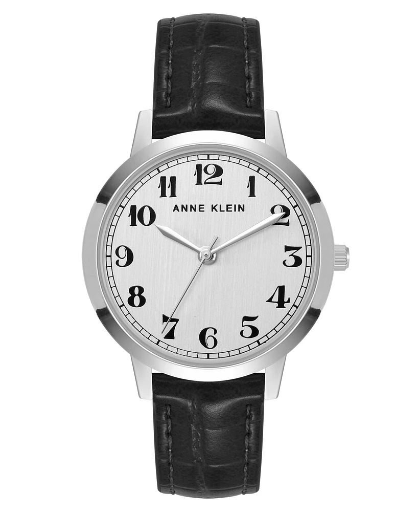 Anne Klein Women's Quartz Casual Black Polyurethane Leather and Silver-Tone Metal Alloy Boyfriend Watch, 34mm